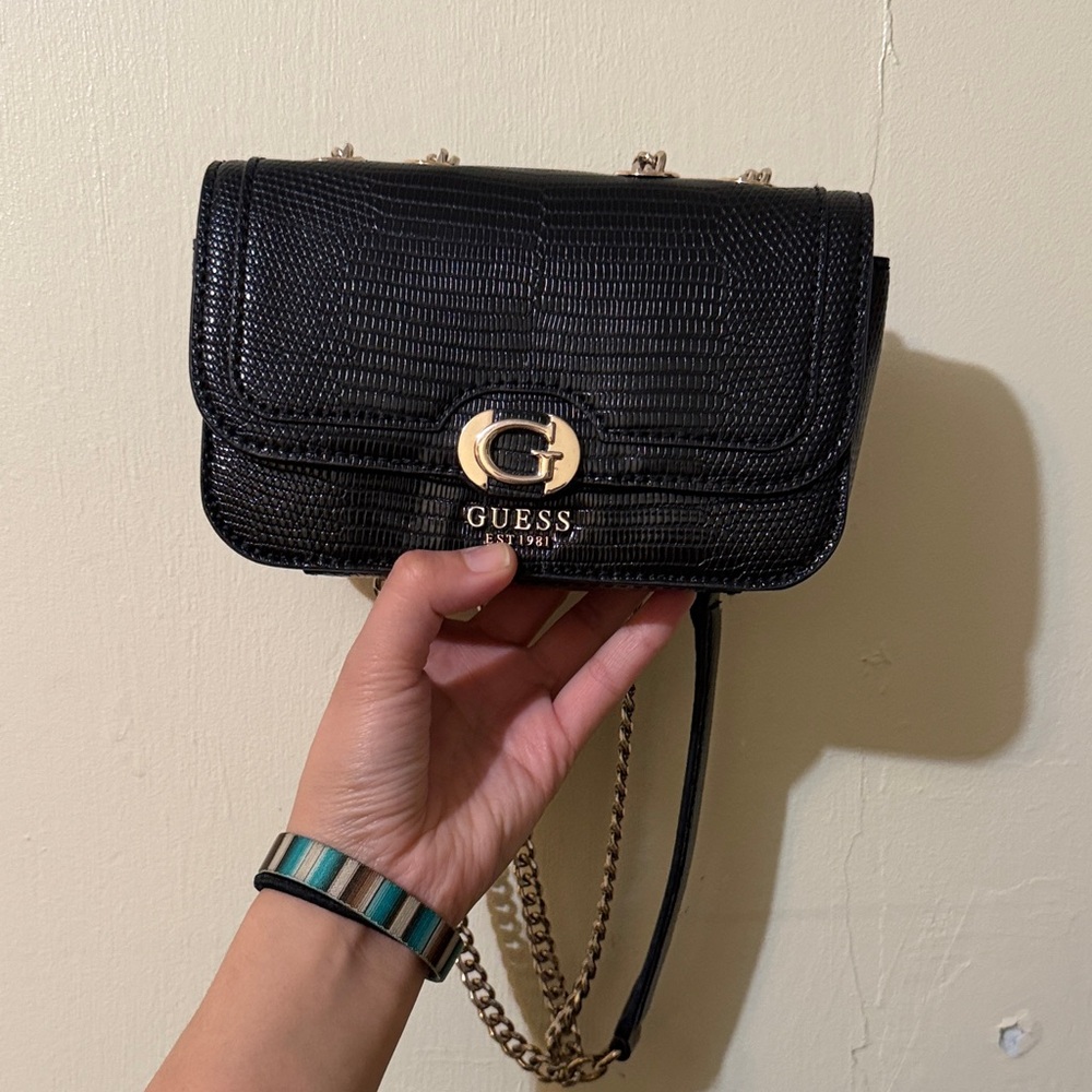 Guess Black Textured Clutch with Gold Accents